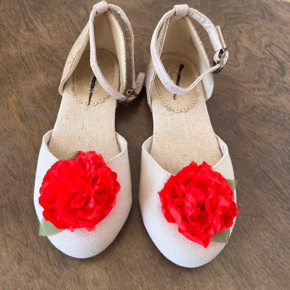 Joyfolie Beige Linen Girls Ankle-Strap Flats with Red Flower Sz 1